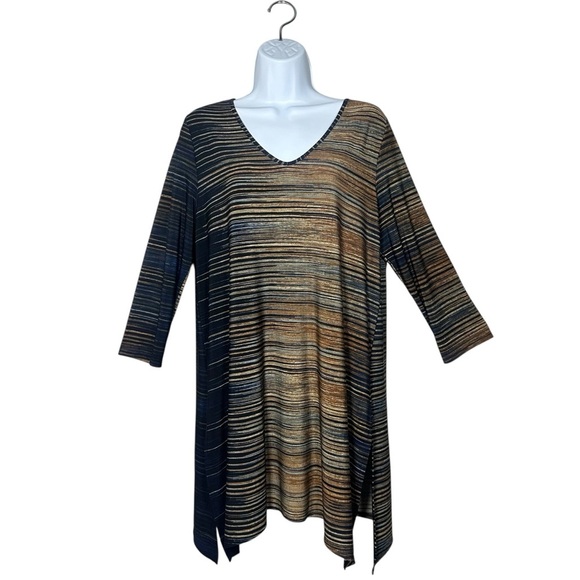 Clara SunWoo L Stripe Tunic Top Brown Navy Stretch Knit 3/4 Sleeve Artsy - Picture 1 of 9